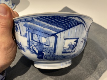 Un bol imp&eacute;rial en porcelaine de Chine en bleu et blanc &agrave; d&eacute;cor de la riziculture, marque et &eacute;poque de Kangxi